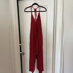 Burnt Red Plunging Deep V Back High Low Hem Dress